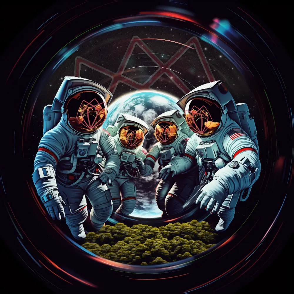 four astronauts with buds through a window